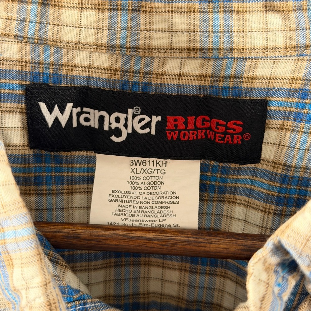 Wrangler Riggs Workwear Mens XL Blue Tan Plaid Button Up Cotton Shirt 3W611KH